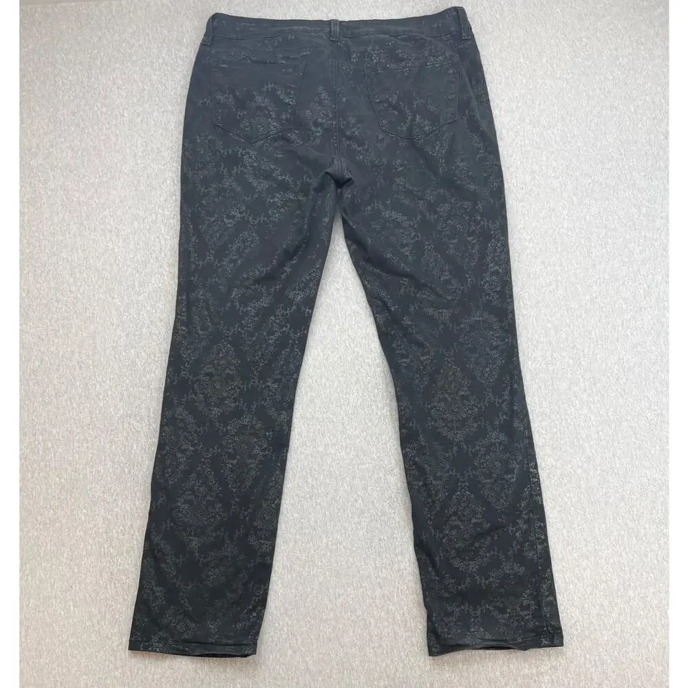 NYDJ Pants Womens 14 Black Floral‎ Cotton Blend Stretch Flat Front Skinny Fit